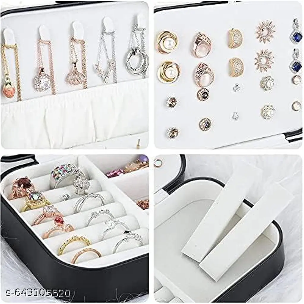 Four close-up views showing ring rolls, necklace hooks, earring panel and adjustable storage